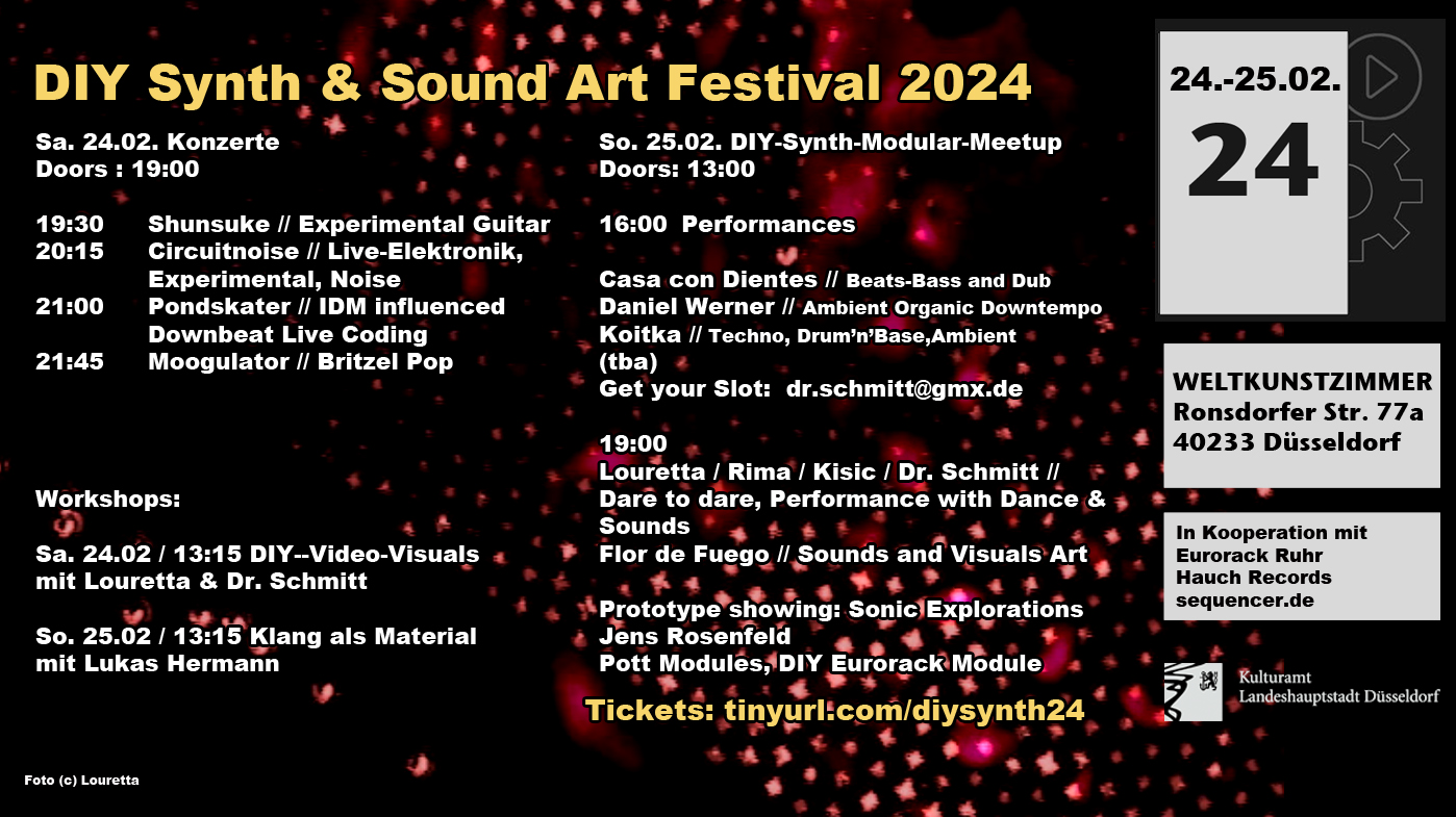 DIYsseldorf - DIY Synth & Sound Art Festival 2024 - Moogulator // BritzelPop
Pondskater // IDM influenced Downbeat Live Coding
Circuitnoise // Live-Elektronik, Experimental, Noise, Drone Musik
Shunsuke // Experimental Guitar