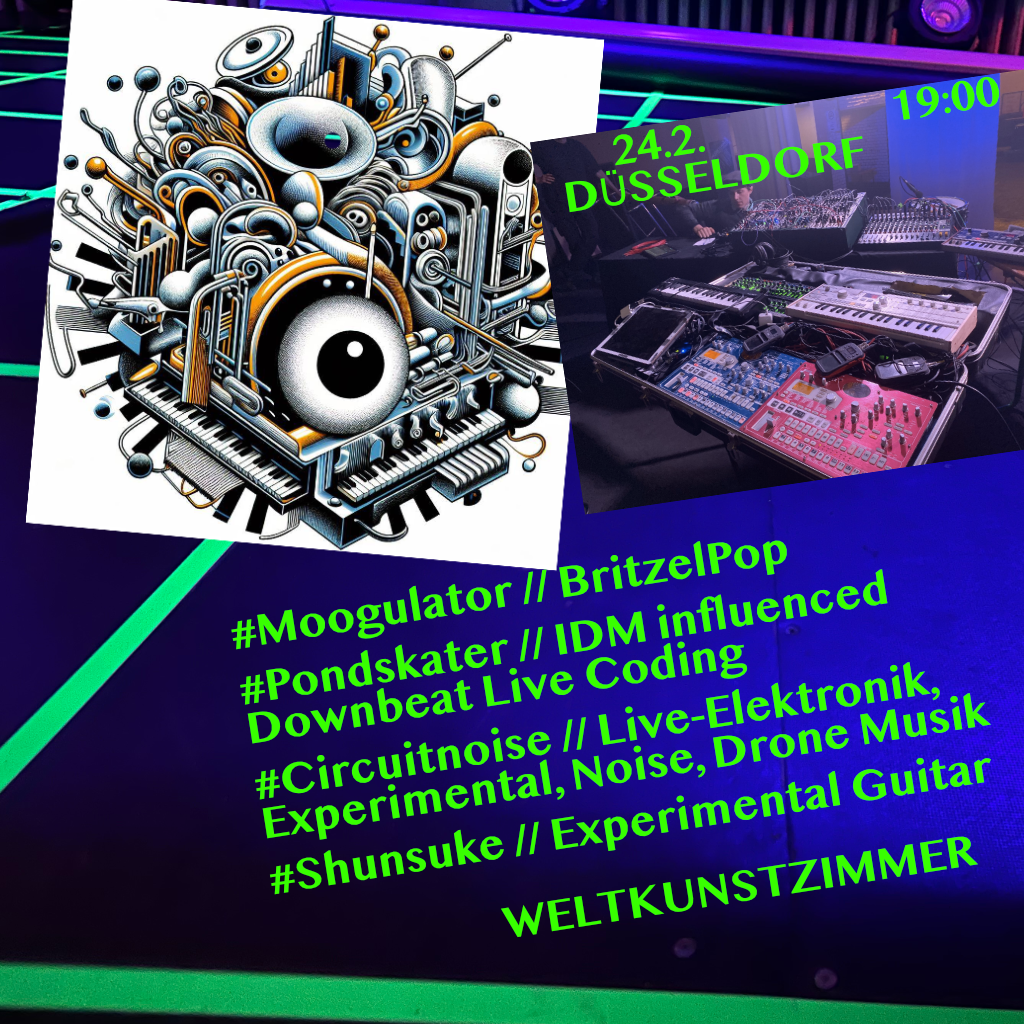 DIYsseldorf 24.2. Weltkunstzimmer, live Moogulator // BritzelPop
Pondskater // IDM influenced Downbeat Live Coding
Circuitnoise // Live-Elektronik, Experimental, Noise, Drone Musik
Shunsuke // Experimental Guitar